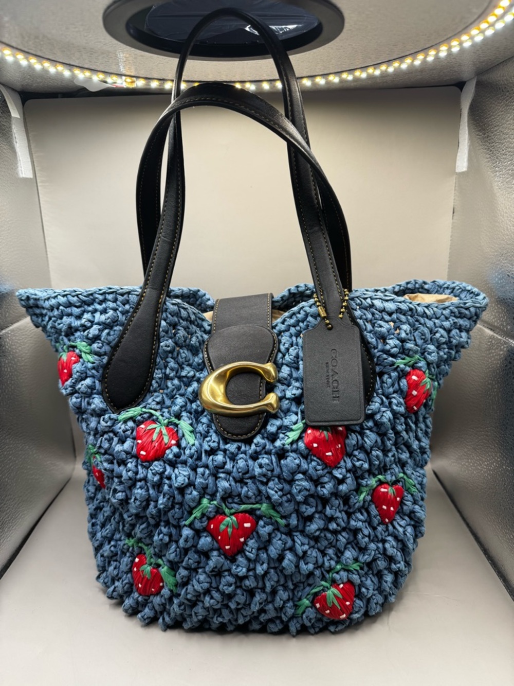 Coach Blue Crochet Tote with Red Strawberry Motif - Picture 2 of 8